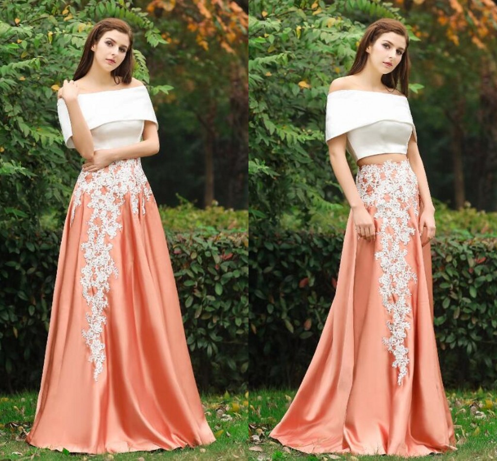 Real Image Two Piece Prom Dresses Bateau Neck Short Crop Top Appliques Satin Floor Length White Orange Cheap Evening Gowns Party Dresses