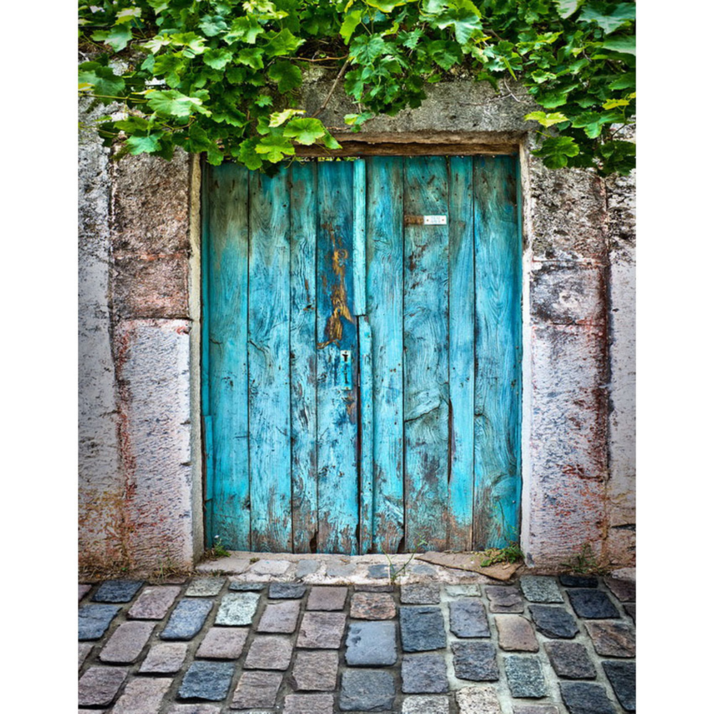 

Blue Painted Wooden Door Photography Backdrop Vinyl Old Stone Wall Background Green Leaves Children Kids Vintage Photographic Backgrounds