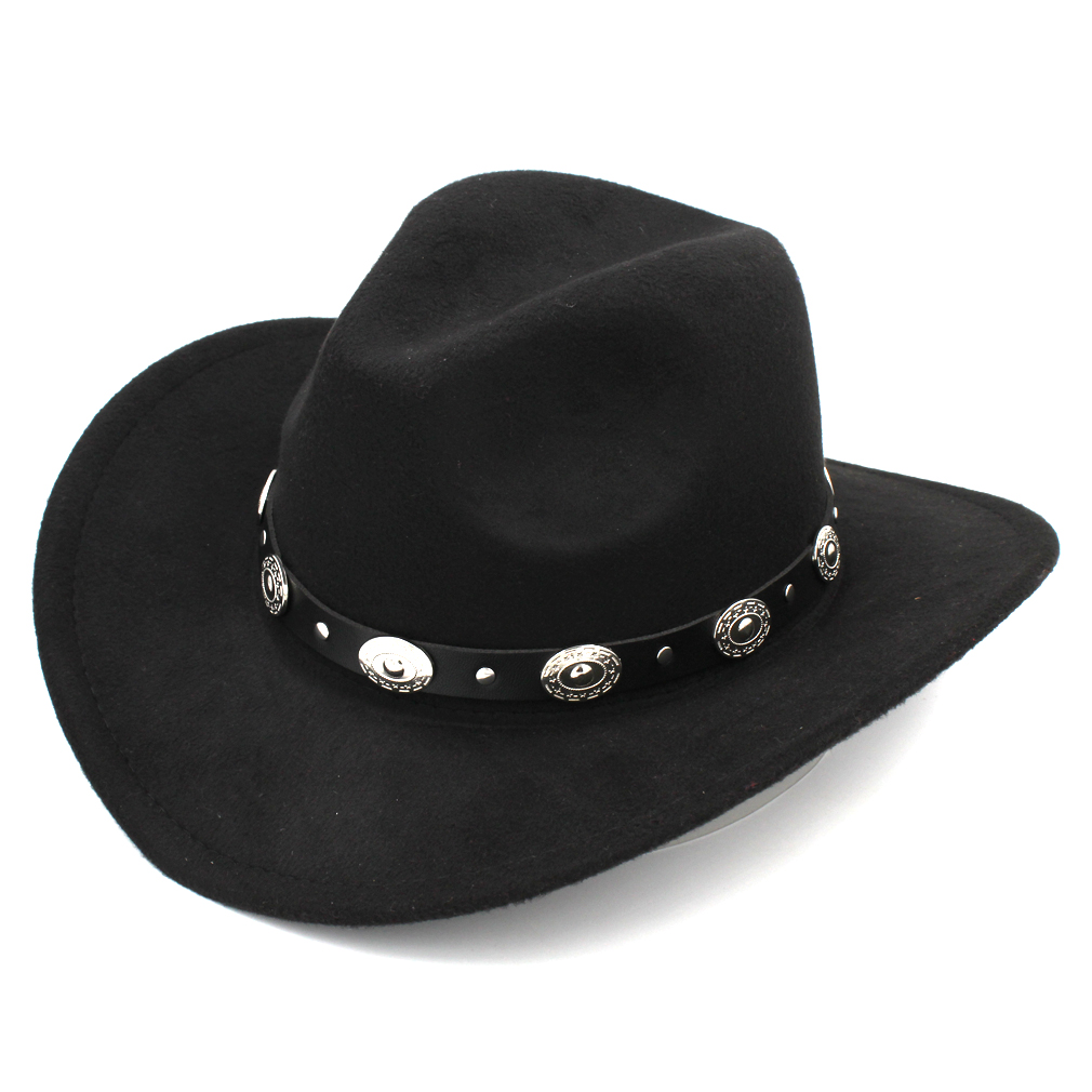 

Womens Fashion Western Cowboy Hat with Roll Up Brim Felt Cowgirl Sombrero Caps with Studded Leather Belt, Blue;gray