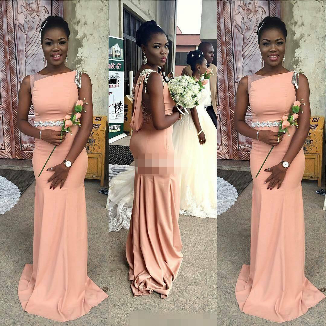 

African 2017 Peach Satin Mermaid Bridesmaid Dresses Long Modest Bateau Black Sash Maid Of Honor Gowns Custom Made China EN71110