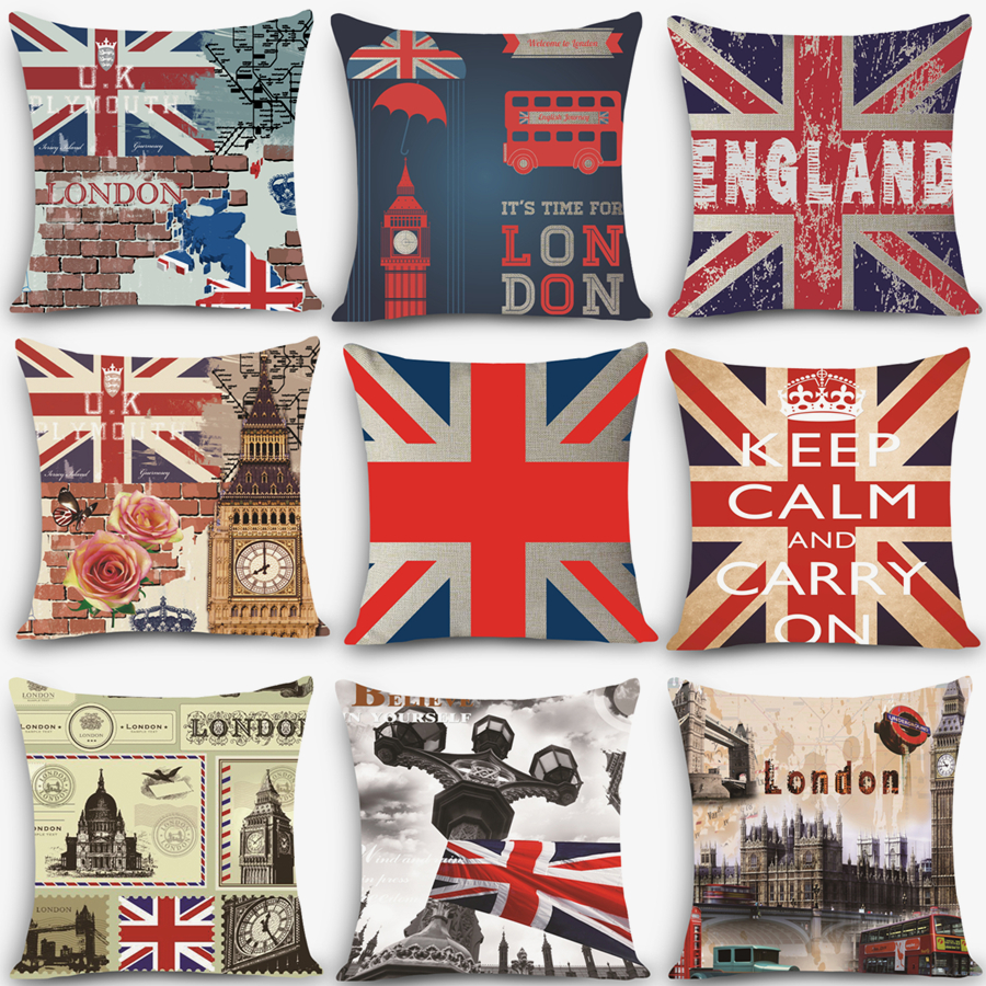 

Wholesale- 1pc Euro style cheap cushions England london Print Decorative Cushion Throw Pillow 18" Vintage Cotton Linen Square MYJ-B1