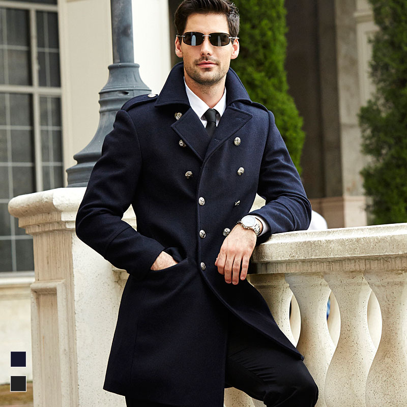 Wholesale- men's wool winter coat men double breasted long sleeve turn down collar windbreaker slim woolen trench coats outerwear 2016 new