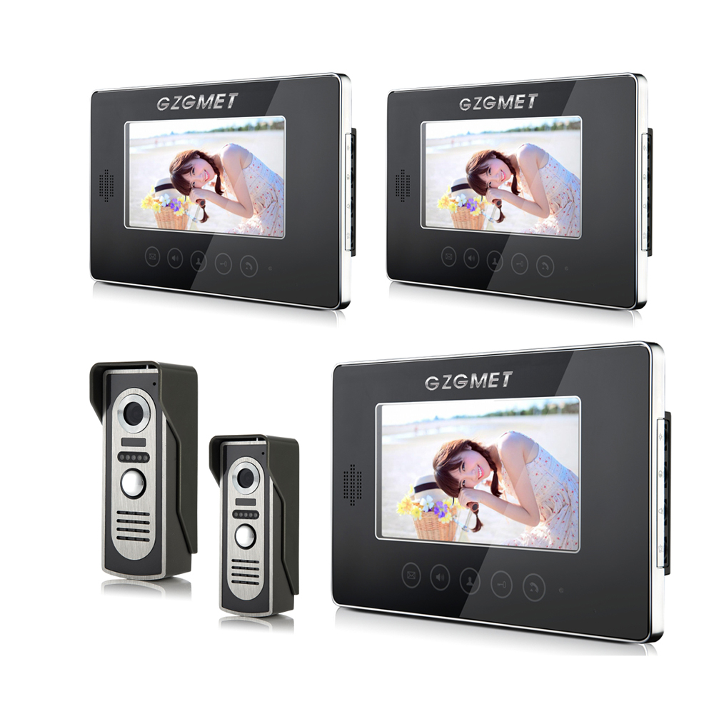 Système d'interphone de porte vidéo de clavier noir Touch Touch Système de 7 pouces Couleur LCD Enregistrement avec 2 caméras de porte de porte I