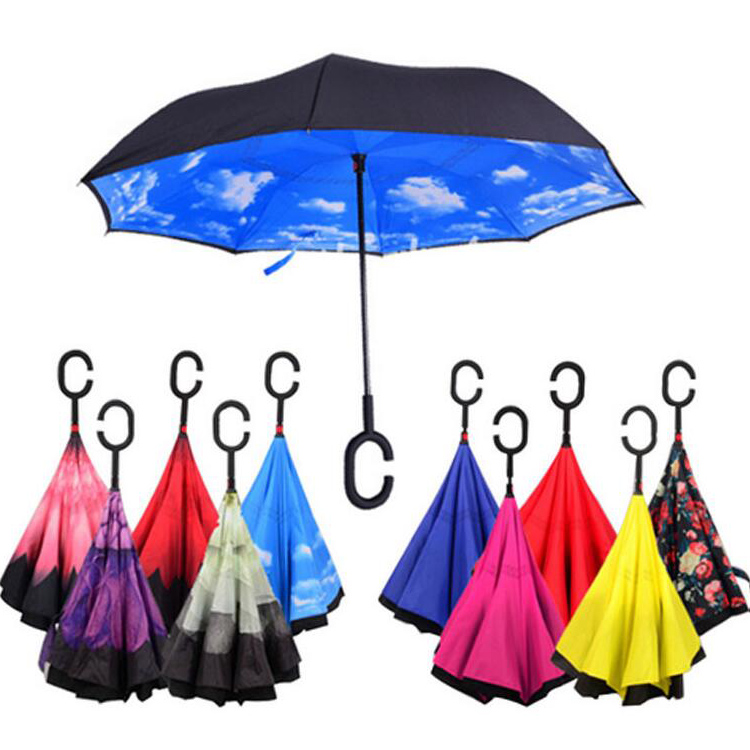 

High Quality Windproof Reverse Folding Double Layer Inverted Chuva Umbrella Self Stand Inside Out Rain Protection C-Hook Hands Umbrellas, As pic