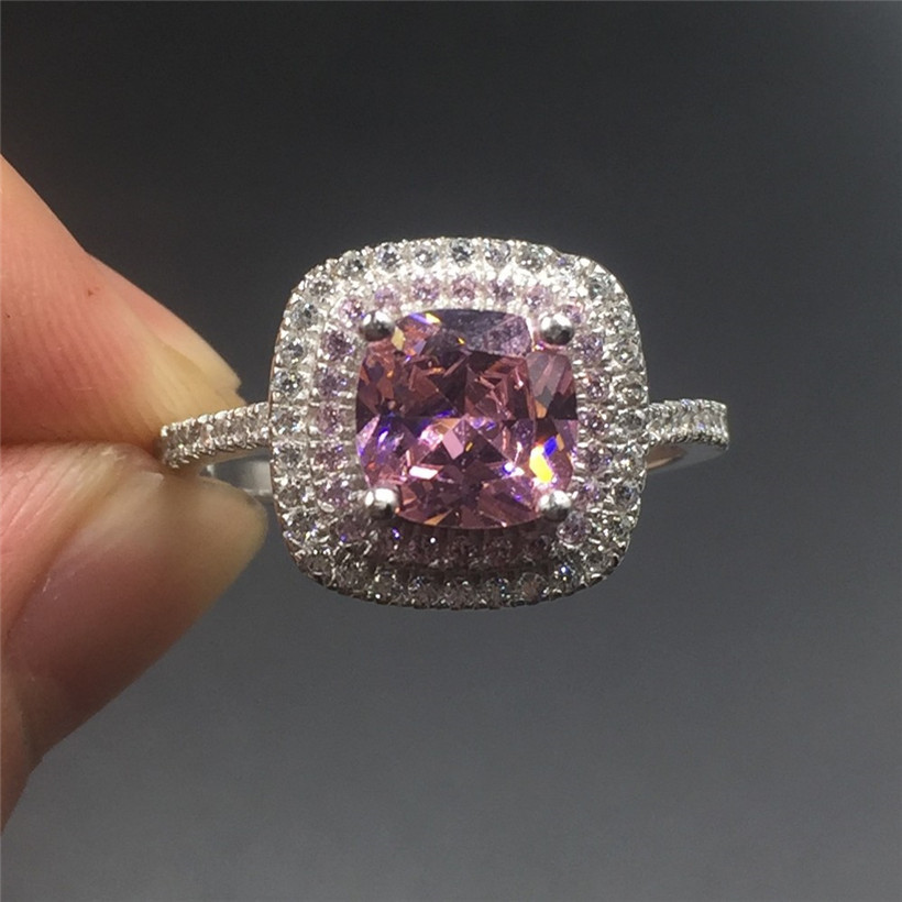 

Fine Jewlery Brand 100% silod Sterling silver ring Luxury Princess-cut 4ct pink toazp gemstone ring Engagement wedding bried ring for women