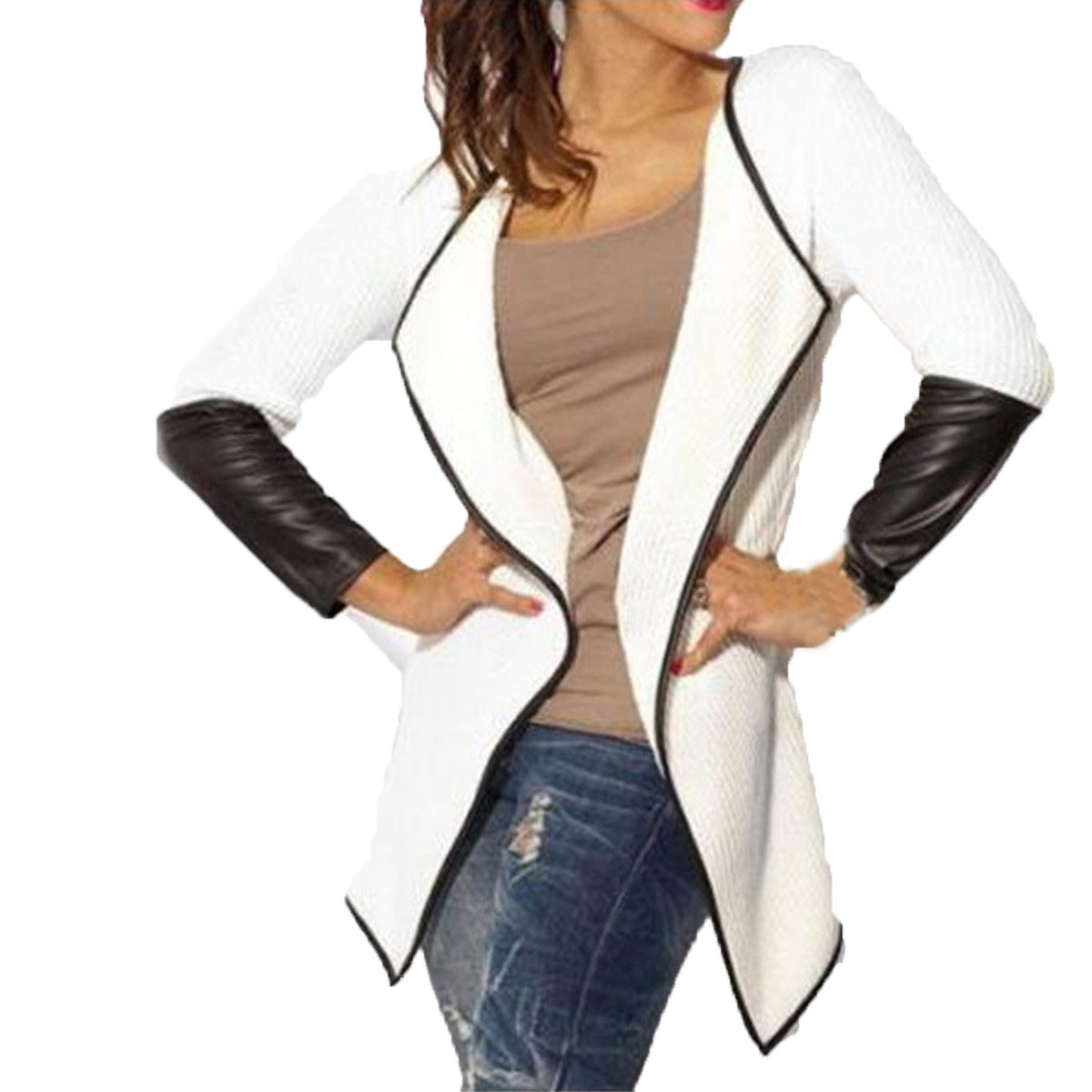

Wholesale- 2017 Autumn Women Splice PU Leather Knitting Cardigans Long Sleeve Lapel Thin Coat Patchwork Mid Long Jacket Outwear Poncho S-3X, Gray