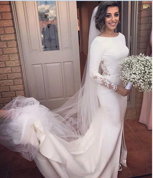 

Modest Simple 2018 Satin Long Sleeve Mermaid Wedding Dresses Bateau Front Split Chapel Train Bridal Gowns Custom Made China EN101312, Custom made from color chart