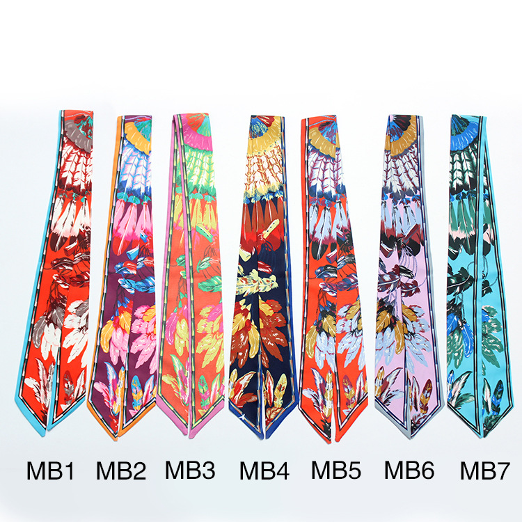 

Wholesale- 7color new slender feathers printed scarf tied bag small narrow ribbon tied bag multifunction women scarves scarf Ms. gift