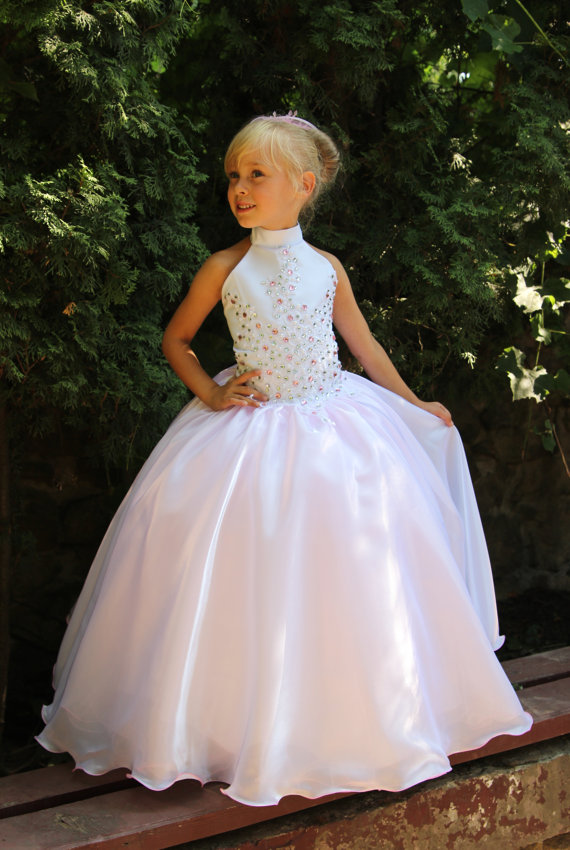 

High Neck Colorful Crystal Kids Evening Gowns Ball Gown Flower Girls's Dresses Princess Holy Communion Dresses, Purple