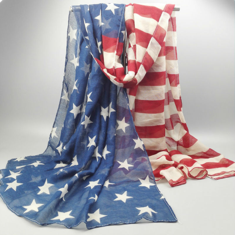 

Oversized Oblong Style Vintage 100% Viscose American Flag Scarf Women USA Flag Shawls and Scarves SFJ001, Blue;gray