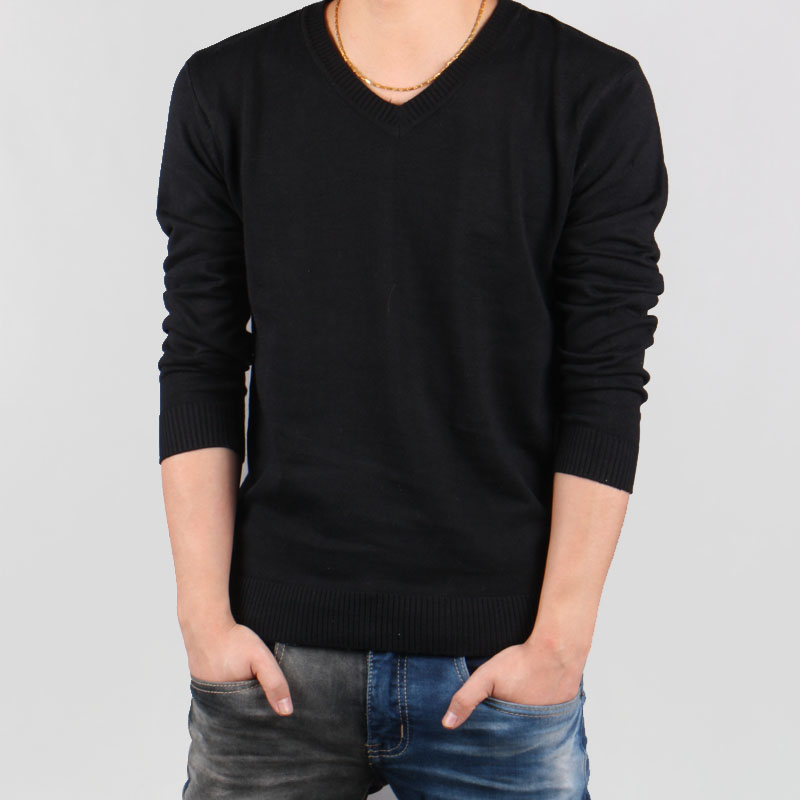 

Wholesale- Personalized 2016 Autumn pullover sweater Men's plus size XXXXL,5XL fashion solid color V-neck slim sweater Free Shipping, Black