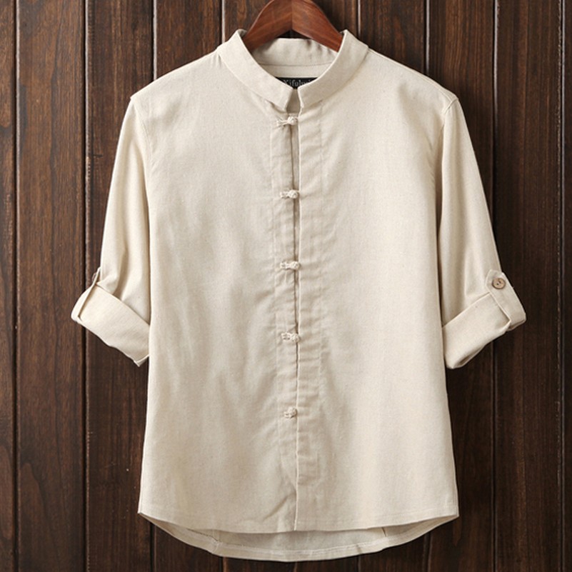 

Wholesale- Stand Up Collar Plus Size Masculina Camisas Shinese Knot Button Leisure Men Shirts Solid Color Fancy Blouses, Army green