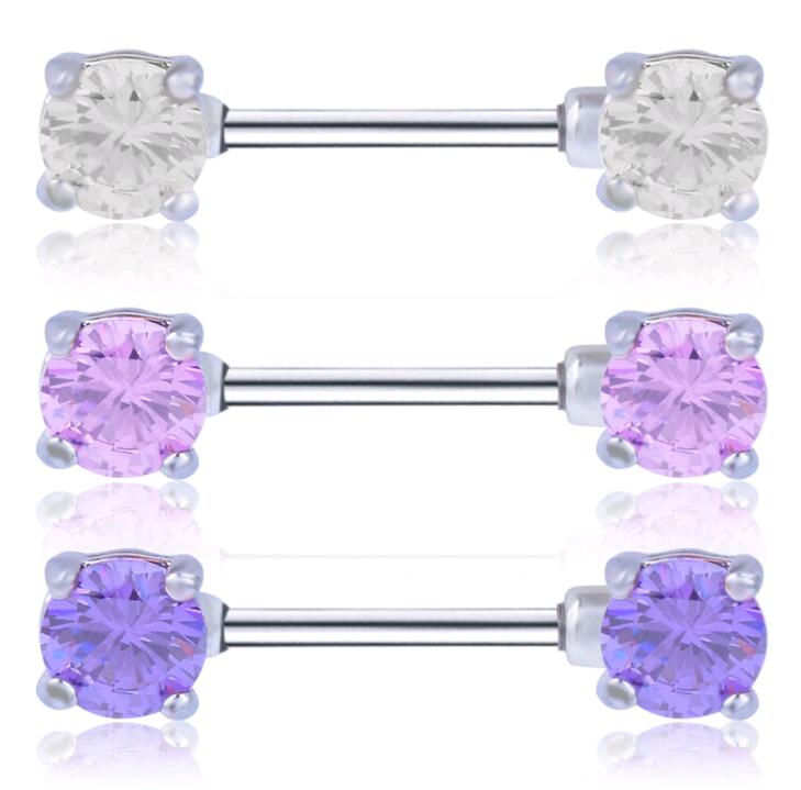 

New Body Jewelry 7mm Zircon Straight Bar Ghost Piercing Nipple Rings 316L Stainless Steel Barbells Shaped Nipple Ring Pink