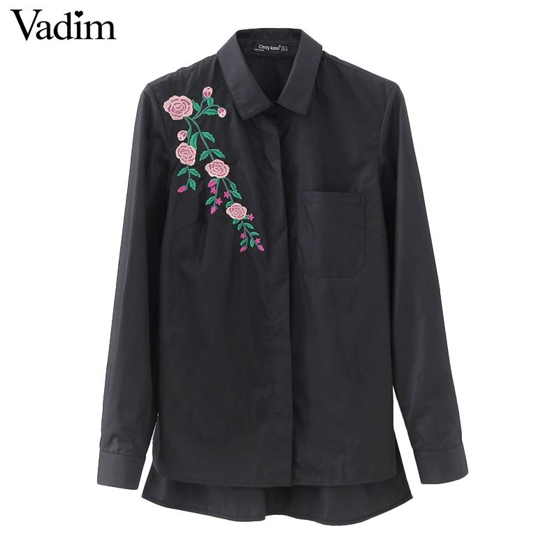 

Women retro flower embroidery striped blouse long sleeve black shirts turn down collar brand ladies tops blusas LT1511
