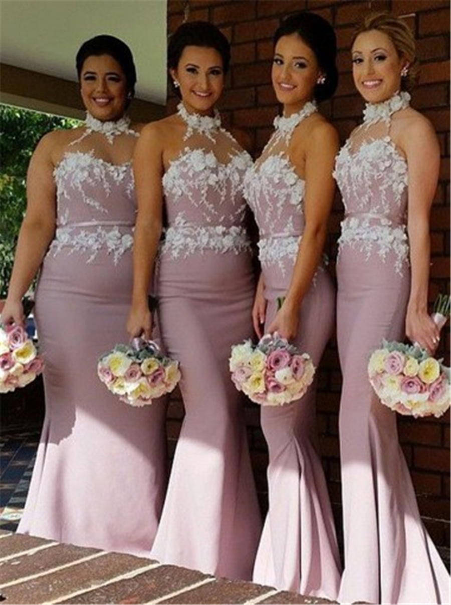 

Elegant Halter Neckline Mermaid Blush Bridesmaid Dress with Sash Appliques 3D Flowers Long Wedding Party Dresses