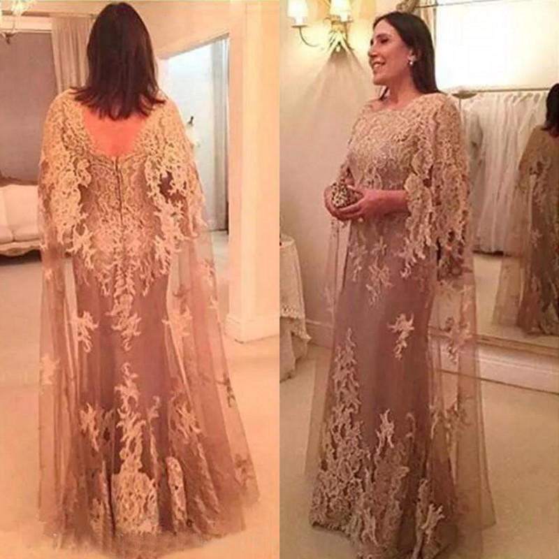 

Elegant 2017 Champagne Lace Appliqued Mermaid Mother Of The Bride Dresses With Tulle Long Sleeve Wraps Mother Groom Gown EN102313