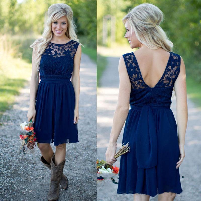 Short Country Bridesmaid Dresses For Wedding Navy Blue Lace Sheer Neck Backless Chiffon Knee Length Cheap Party Maid Of Honor Dress 2019