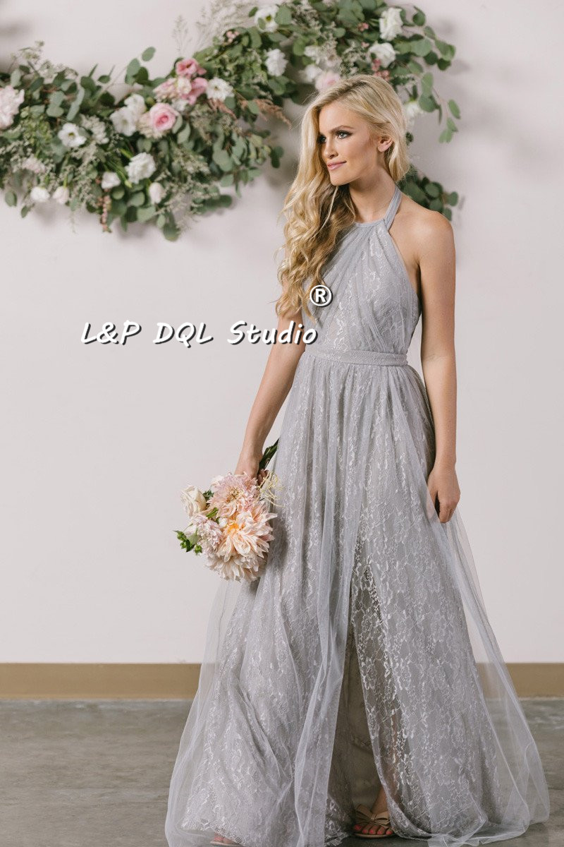 

Fairy Lace Bridesmaid Dresses Pleats Tulle Sexy Side Split Backless Pleats Tulle Long Wedding Party Dresses Floor Length Light Gray,Burgundy