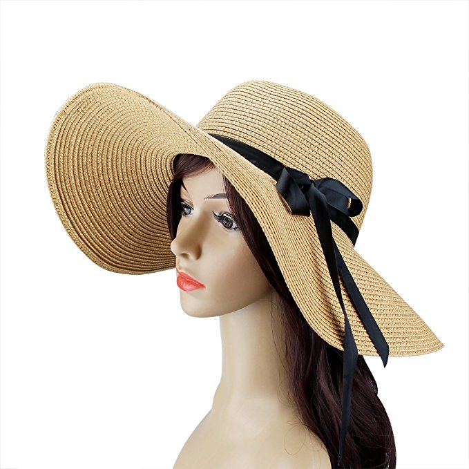 

Women's Sun Hat Foldable Large Wide Brim Straw Hats with Bow Summer Beach Cap UV Protection, Cream