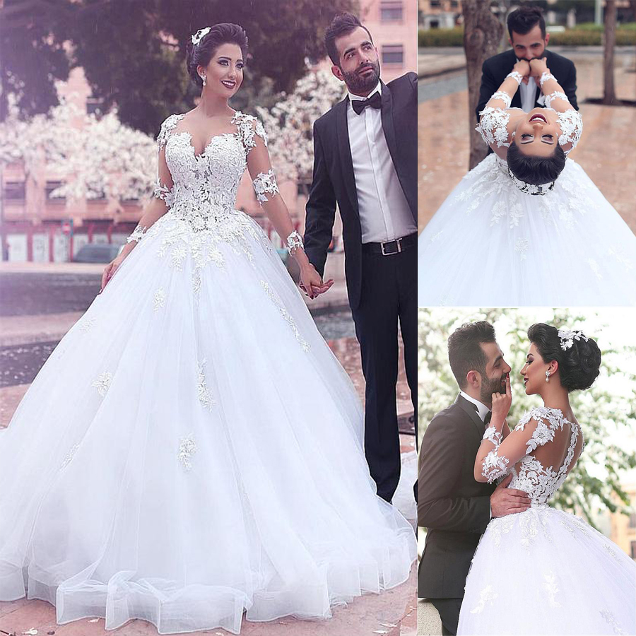 

Junoesque Tulle Bateau Neckline Ball Gown Wedding Dresses With Lace Appliques Sheer Long Sleeves Bridal Dress vestido de casamento, White