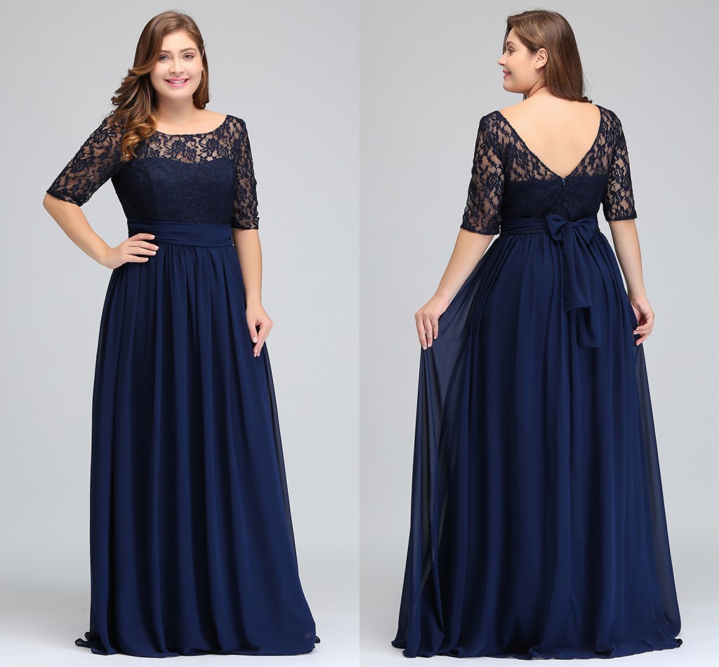 

Dark Navy Black Burgundy Half Long Sleeves Plus Size Prom Dresses Lace Top A Line Chiffon V Back Mother of Bride Dresses Cheap Gowns CPS522