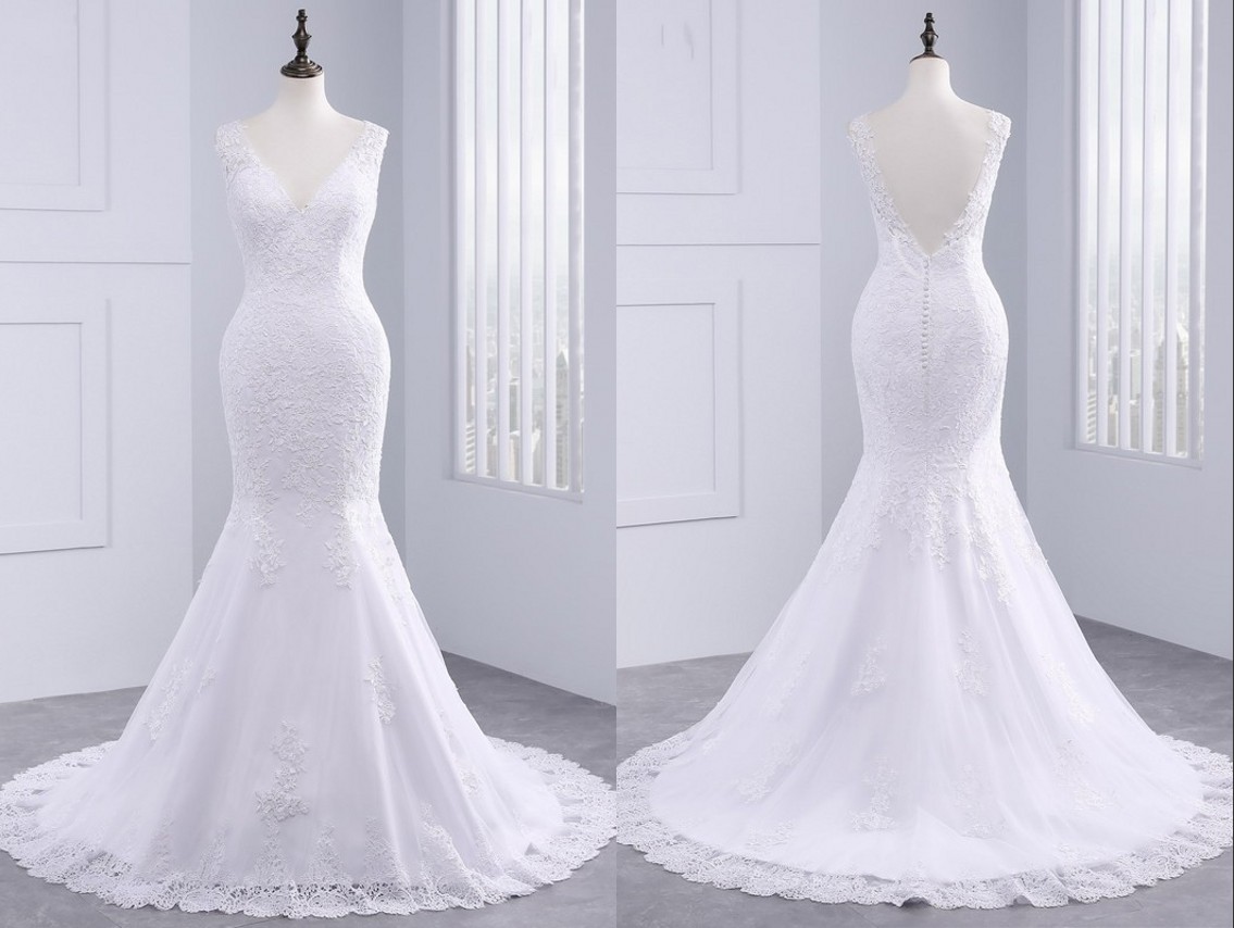 

Modern V neck Mermaid Wedding Dress Plus size 2018 Open Back Lace Applique Country Train vestido de novia Wedding Bridal Dresses, Champagne