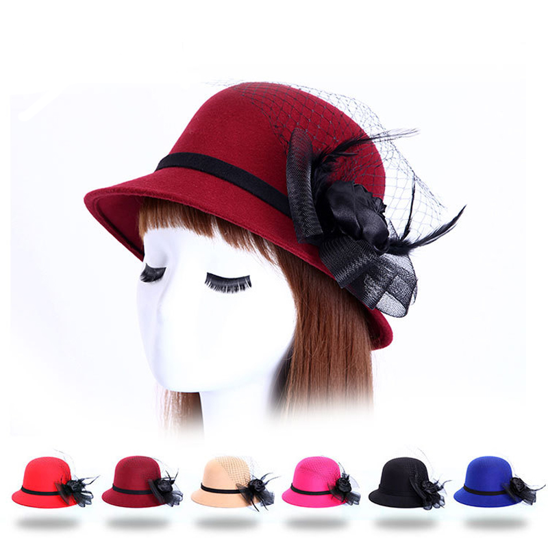 

New Spring Winter Gauze Noble Temperament Women Wool Top Hats Fashion Ribbon Flower Ladies Bucket Hat Female Stingy Brim Hats Dome GH-50, Red