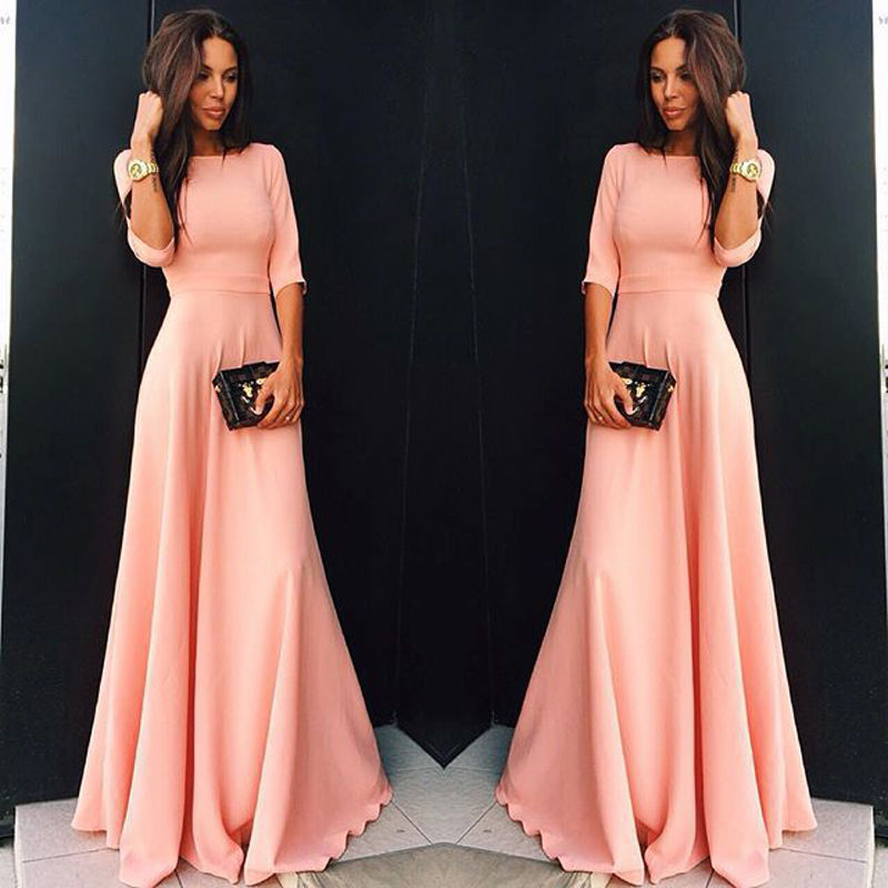 

Elegant Latest Design Casual Sheath Evening Gowns Three Quarter Sleeve Simple Party Dress Satin Peach Pink Custom Made Fashion Hot Sale, Light purple