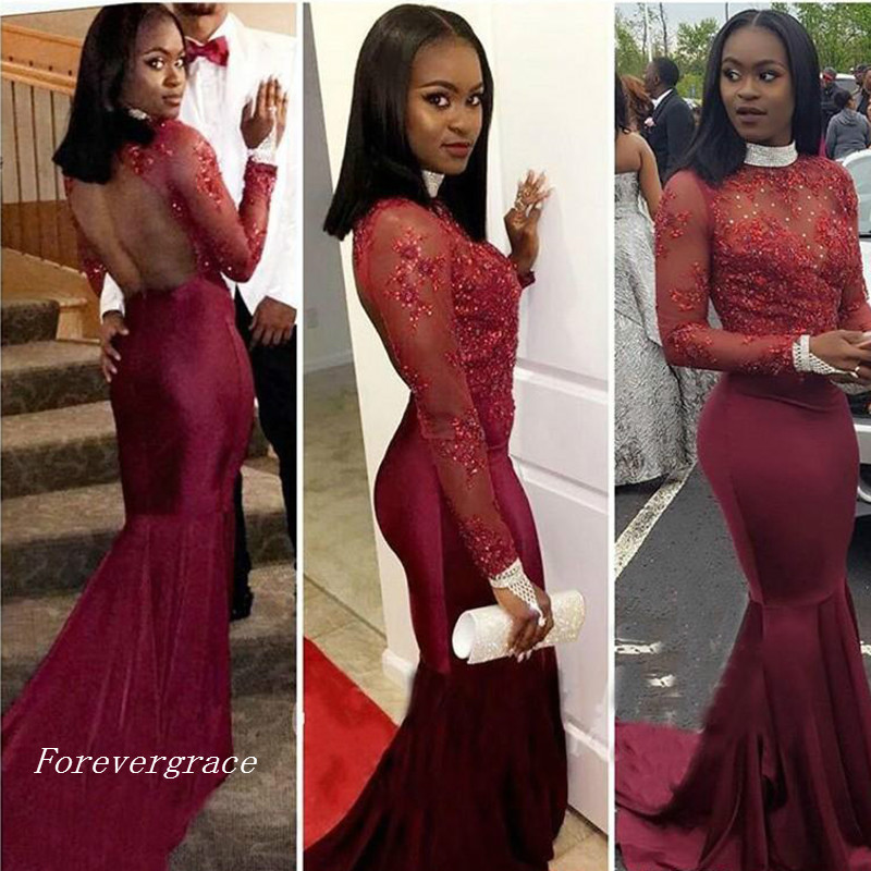 

Burgundy Long Sleeves Sheath Appliques Evening Dress Modest Arabic Black Girls Backless Formal Pageant Party Gown Custom Made Plus Size, Fuchsia