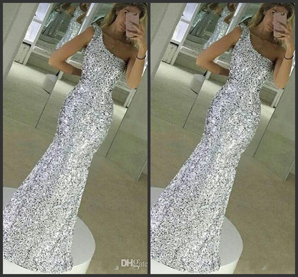 

2021 New Sparkle Bling Silver Prom Dresses Sequins Long Mermaid Sleeveless One Shoulder Floor Length Formal Evening Dress Party Gowns AW486, Light yellow