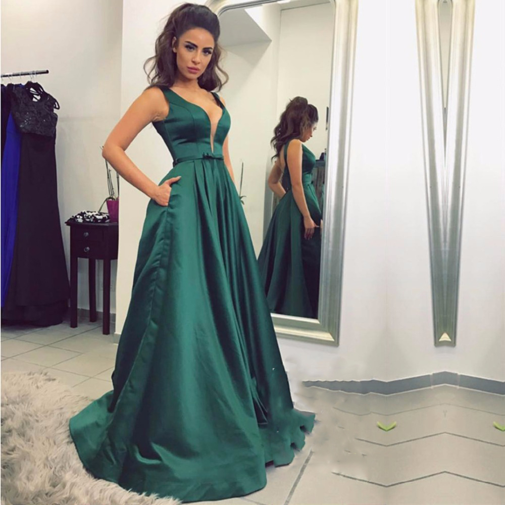 

Emerald Green A-Line Satin Evening Dresses Tank Sweetheart Evening Gowns Long Backless Sexy Party Dresses Girls Graduation Gown Abendkleider, Dark green