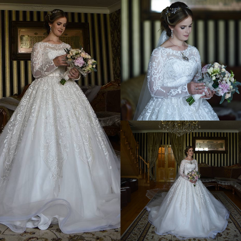 

Elegant Wedding Dresses With Applique Long Sleeves Formal Dresses Floor Length Custom Made Ball Gown Wedding Dresses, Champagne
