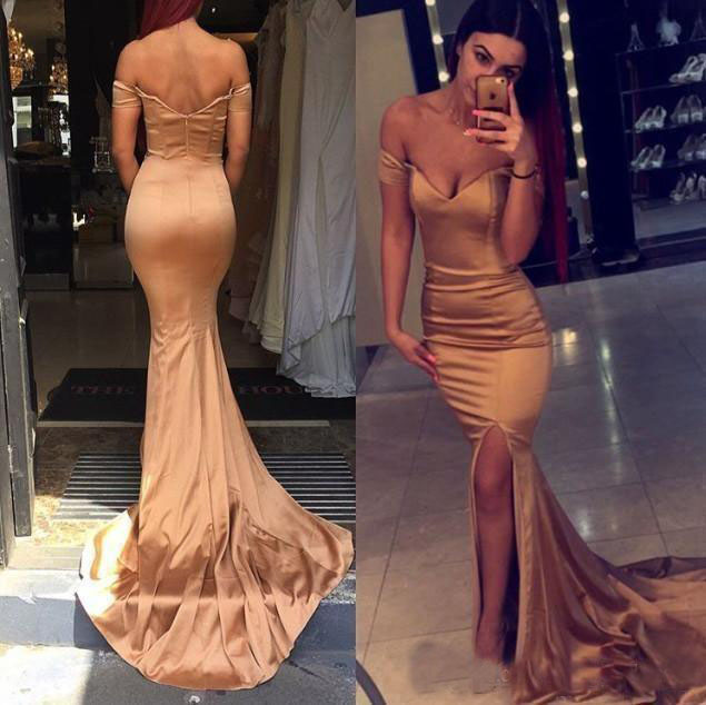 

Sexy Rose Gold Mermaid Prom Dresses 2019 Slim Fitted Sweetheart Split Satin Sweep Train Bridal Party Wear Evening Gown, Same as picture
