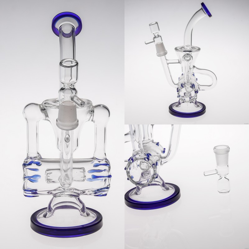 

New Double Recycler Glass Water Pipe Blue Thick Glass Pipe with Bowl Two Function Glass Bong Good Diffusion Heady Smoking Pipe