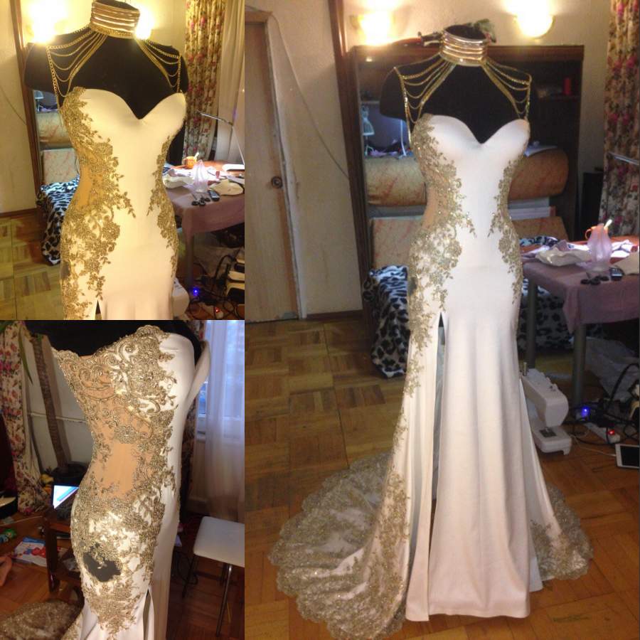 

White Split Side Mermaid Formal Dresses Evening Wear Sweetheart Neck Gold Lace Appliques Evening Gowns Sweep Train Beaded Prom Dress, Dark navy