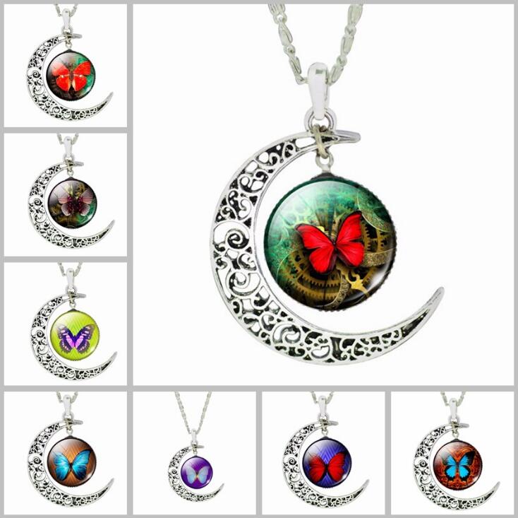 

New arrival New moon gemstone necklace hot butterfly glass pendant ornaments WFN574 (with chain) mix order 20 pieces a lot