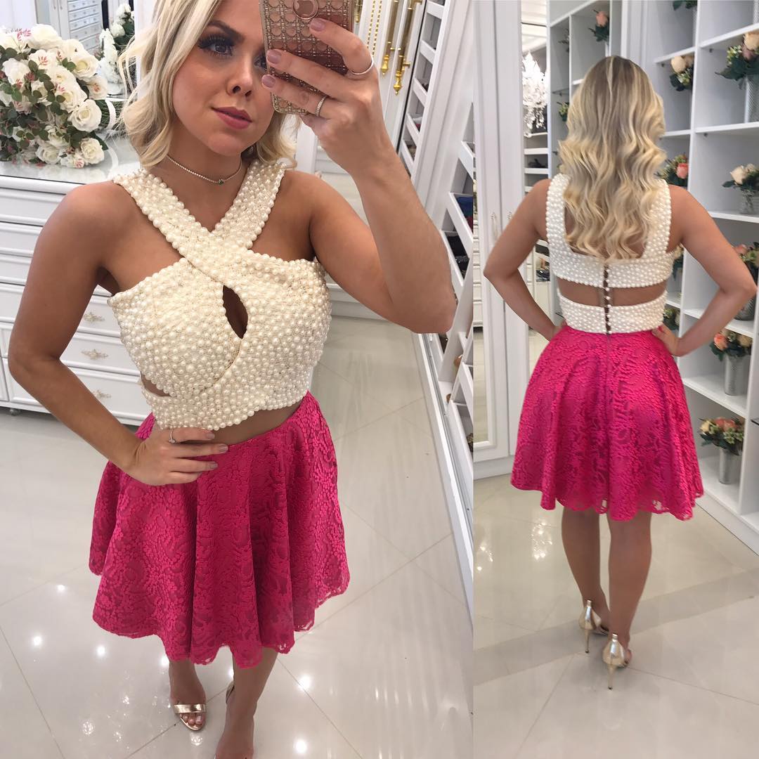 

Scoop Short Prom Dresses Two Pieces Pearls Charming Prom Gowns Keyhole Front Lace Skirt Sexy Night Party Dress Open Back Homecoming Dresses, Dark green