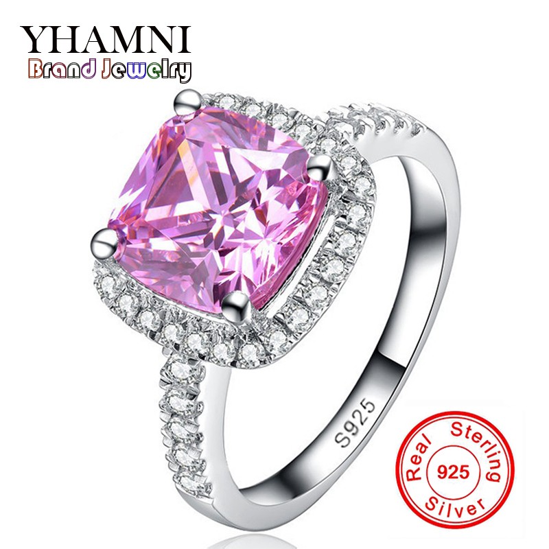 

YHAMNI Fine Jewelry Solid Silver Rings for women Luxury 3 Carat Pink CZ Diamond Engagement Ring Wholesale HF001, Slivery;golden