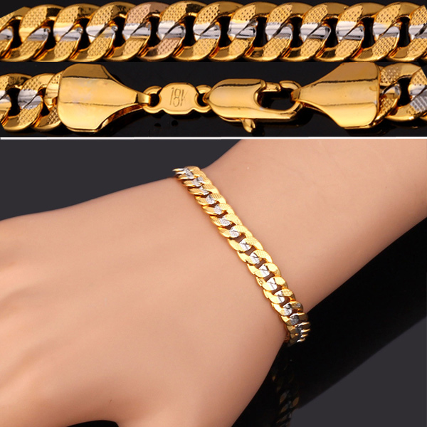 Classical Cool 18K Stamp Jewelry for Men or Women 18K Two-Tone Gold Plated Curb Chain Bracelet-image-261015453