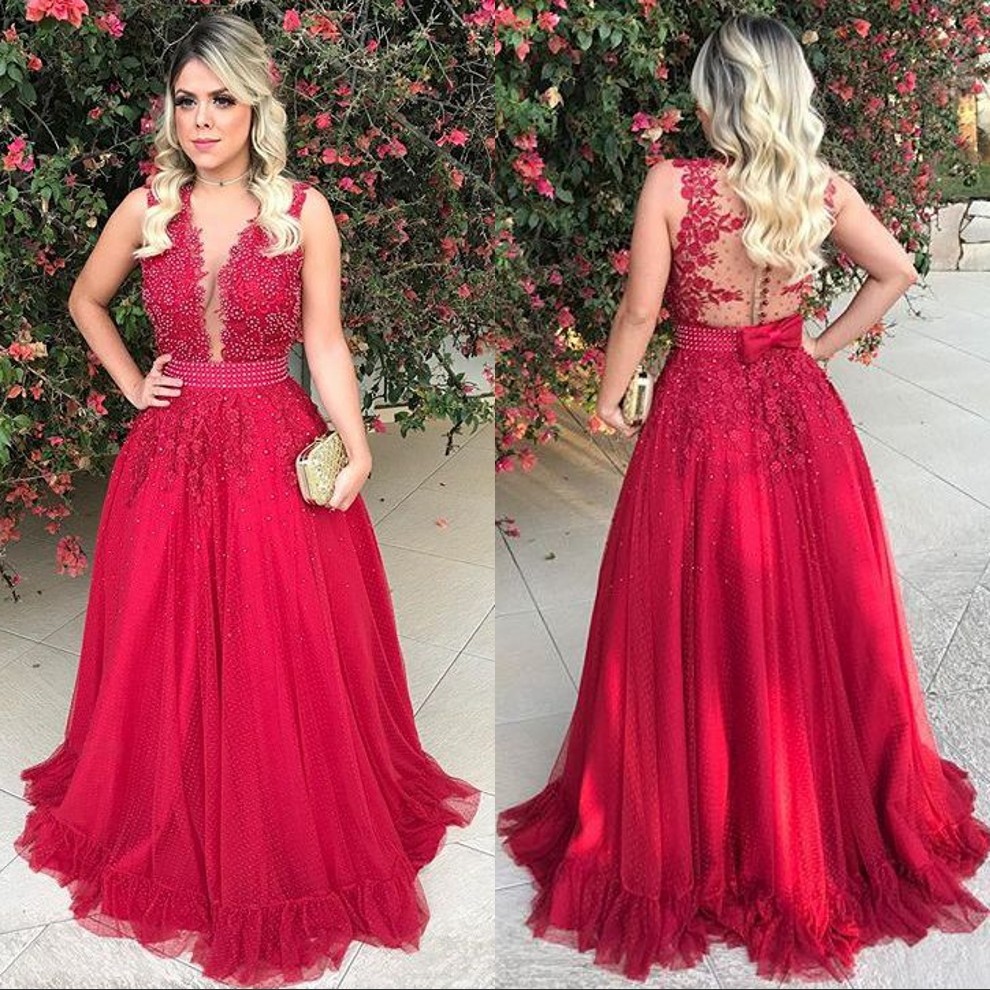 

Arabic Style Red Lace Evening Dresses Long V Neck Appliques Pearls Sheer Illusion Bodice Plus Size Formal Evening Gowns Cheap Party Dress, Light purple