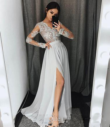 

Elegant Silver Chiffon Side Split Prom Dresses Sexy V-Neck Illusion Long Sleeves Evening Gowns Appliqued Lace Simple Party Gowns, Sage