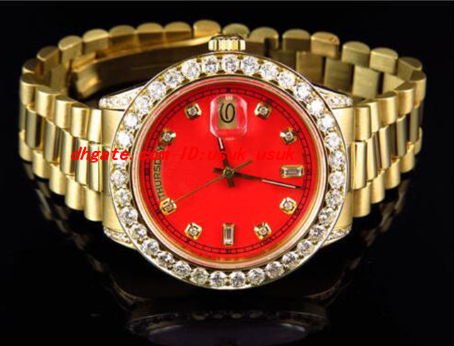 

Top Quality Luxury Wristwatch Mens 41MM 18038 18k Yellow Gold Red Dial Bigger Diamond Automatic Mechanical Men Watches New Arrival