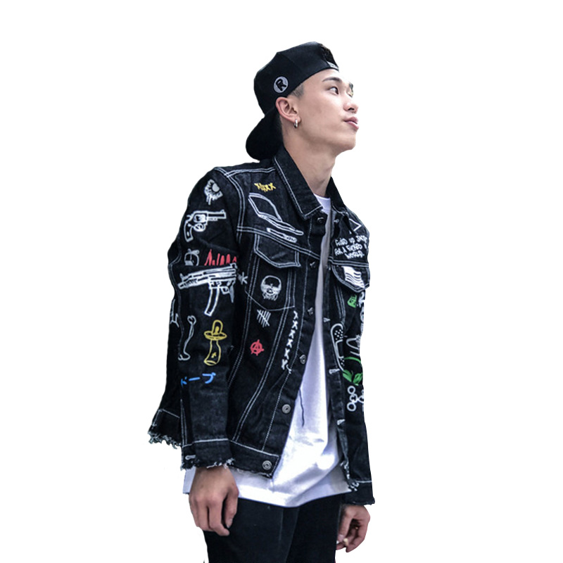 

Men Denim Jacket Graffiti Hand Painted Outwear Hip Hop Punk youth Man frayed Cowboy Coat motorcycle Overcoat, Black