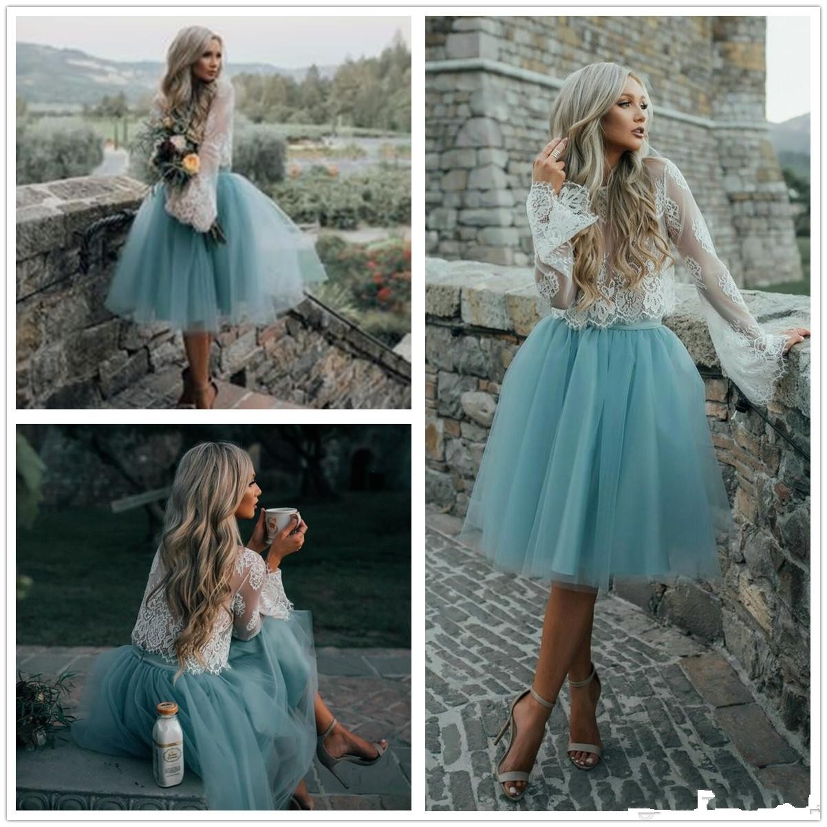 Two piece lace tulle homecoming dress kne-length long sleeves jewel elegant country cocktail party dress holiday dress