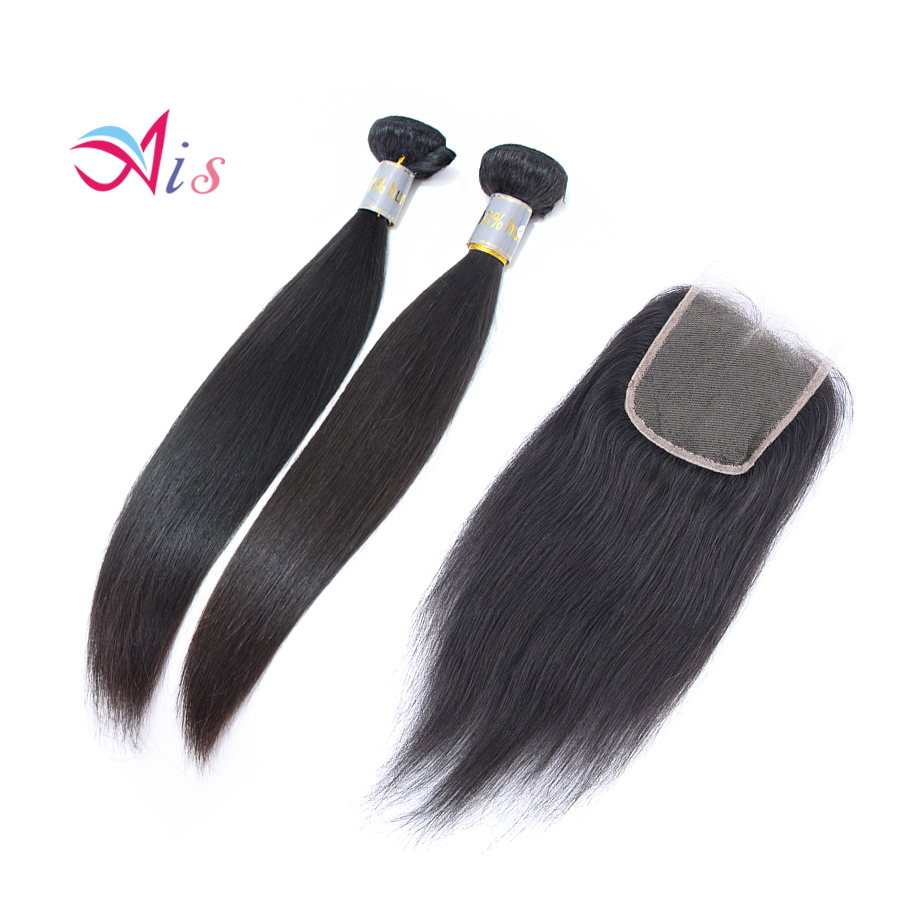 

Straight Hair Weaves With Closure 2 Bundles with 4*4 lace closure Brazilian Peruvian Virgin Human Hair Weave Extensions, Natural color