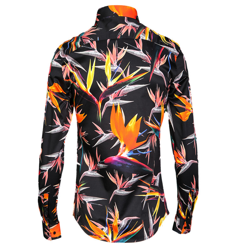 

New fashion mens full sleeve black print floral bird shirts for men's clothing plus size M-4XL man Slim fit full sleeve shirt