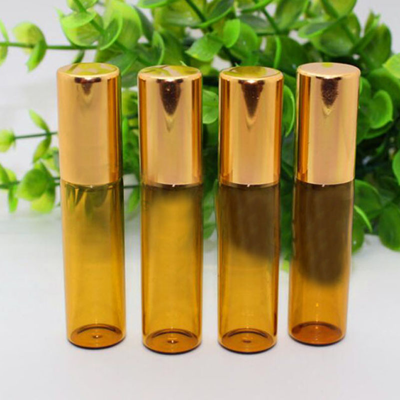 

300pcs/lot 5ml Amber Glass Roller Bottles With Metal/glass Balls for Essential Oil roll-on refillable perfume bottle with black and gold cap