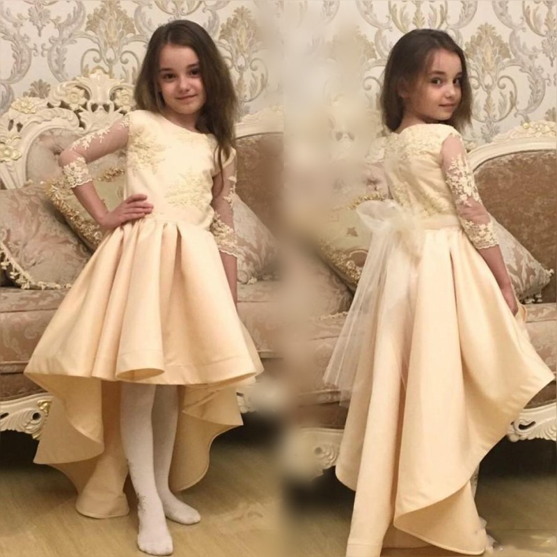 

Champagne High Low Girls Pageant Gowns Lace Appliques Sheer Long Sleeves Flower Girl Dresses For Wedding With Tulle Sash Cheap Baby Dress, Blue