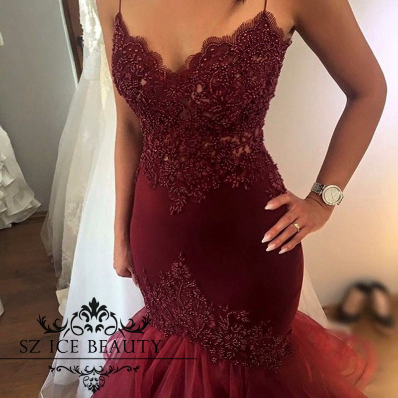 Robe de bal sirène bordeaux bretelles Spaghetti sans manches Dubai arabe longue robe de soirée sur mesure grande taille