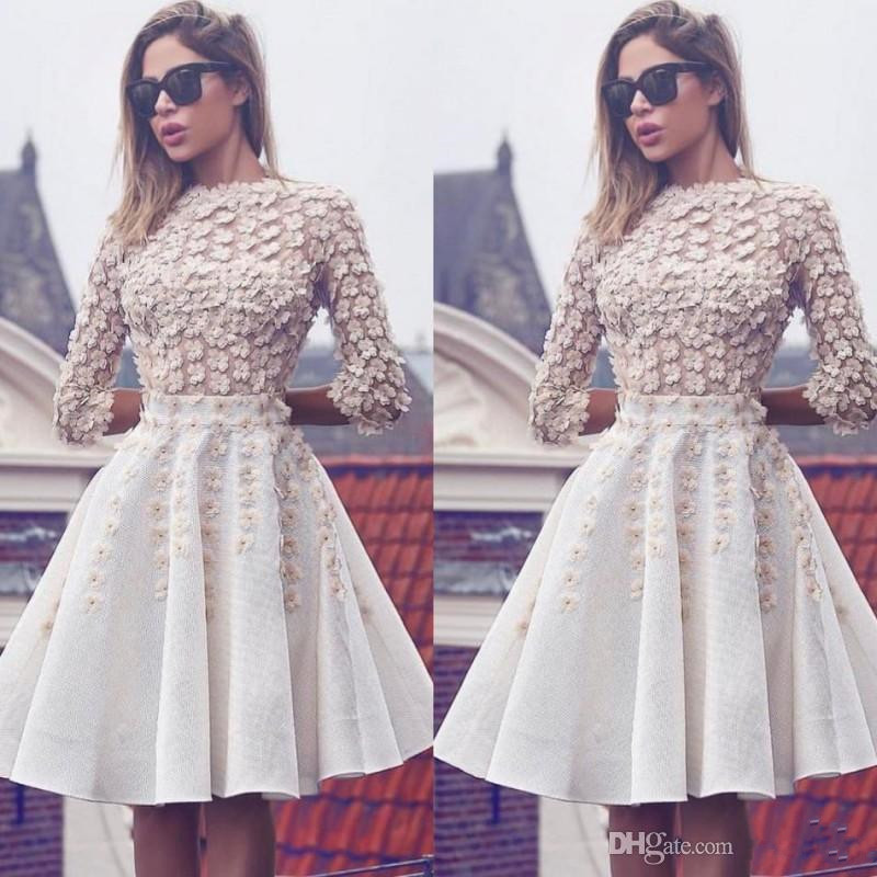 

2019 Homecoming Dresses Full 3D Floral Appliques Sheer Short Evening Party Gowns Cocktail Dress With Sleeves, Chocolate